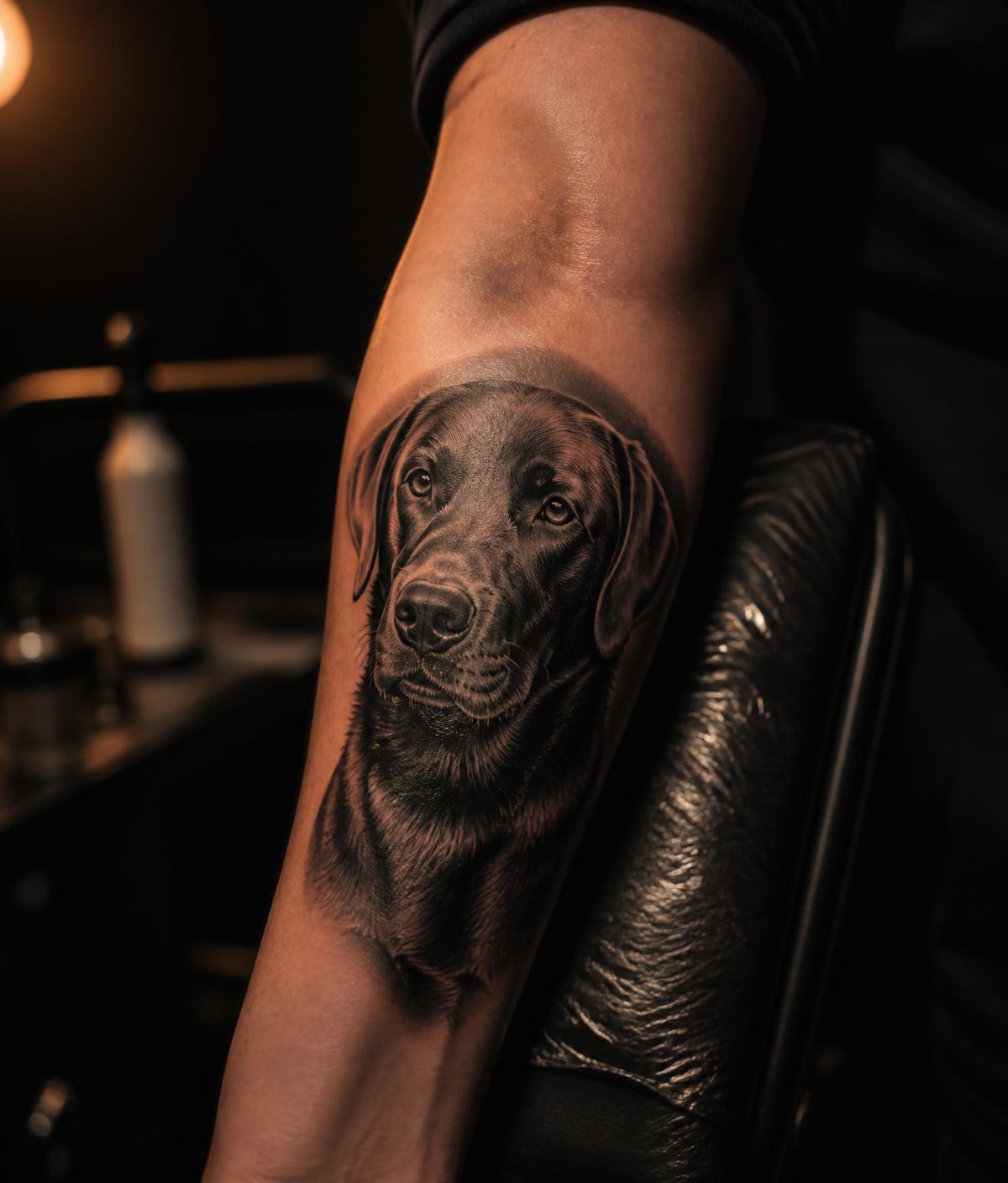 Antebraço com tatuagem realista em preto e cinza do retrato de um cão, feita em estúdio